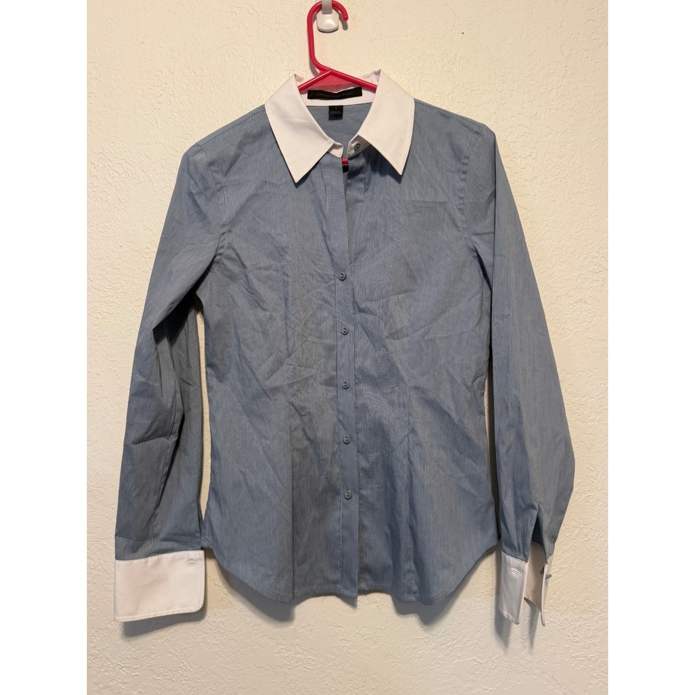 Express Design Studio Blue Pinstripe Button Down Shirt White Collar Cuffs Small